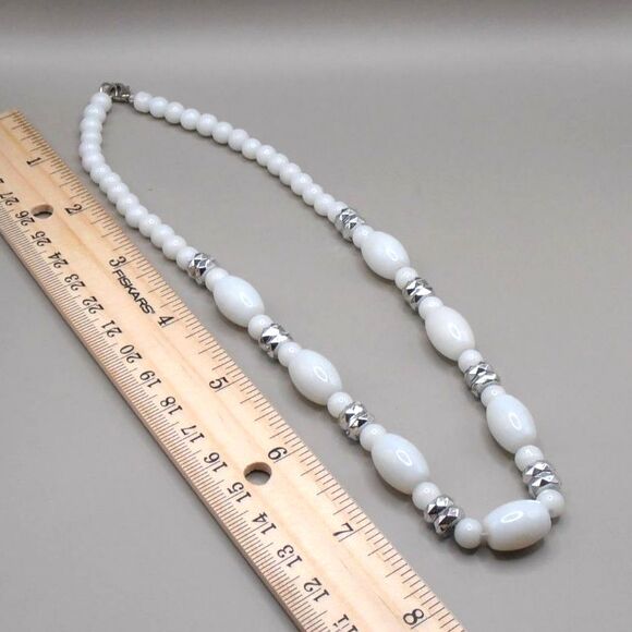 White Milk Glass Beaded Choker Necklace w/ Silver Tone Accent Beads - Picture 3 of 4